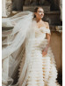 Off Shoulder Champagne Tulle Ruffled Luxurious Wedding Dress